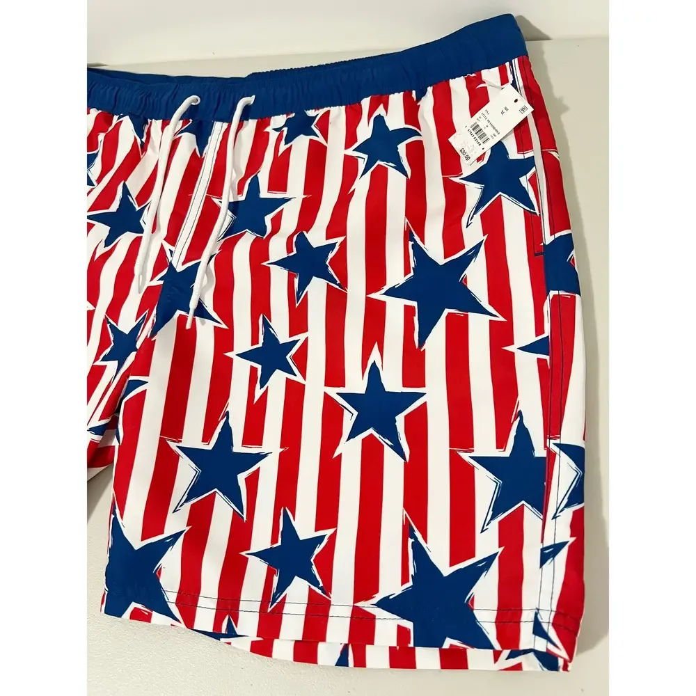 Mad Engine Mens Star Print Striped Americana 4th Of July Swim Trunks‎ XL New